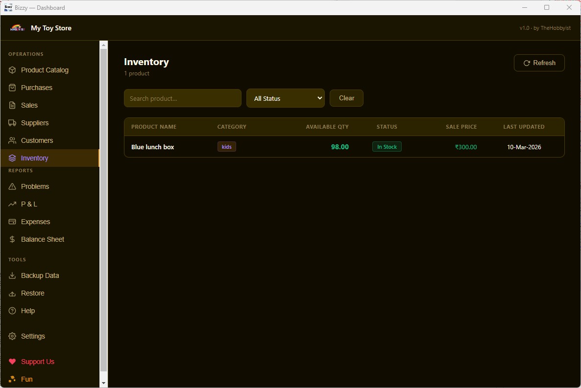 Inventory view in Bizzy Lite